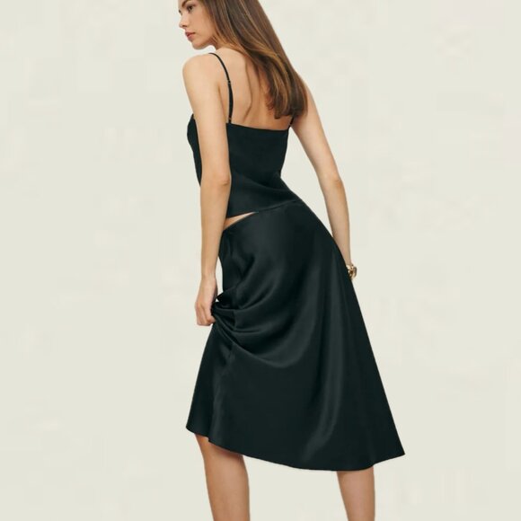 REFORMATION Sia Silk Two-Piece Sleeveless Top and Midi Skirt Set (Black) - Picture 4 of 16